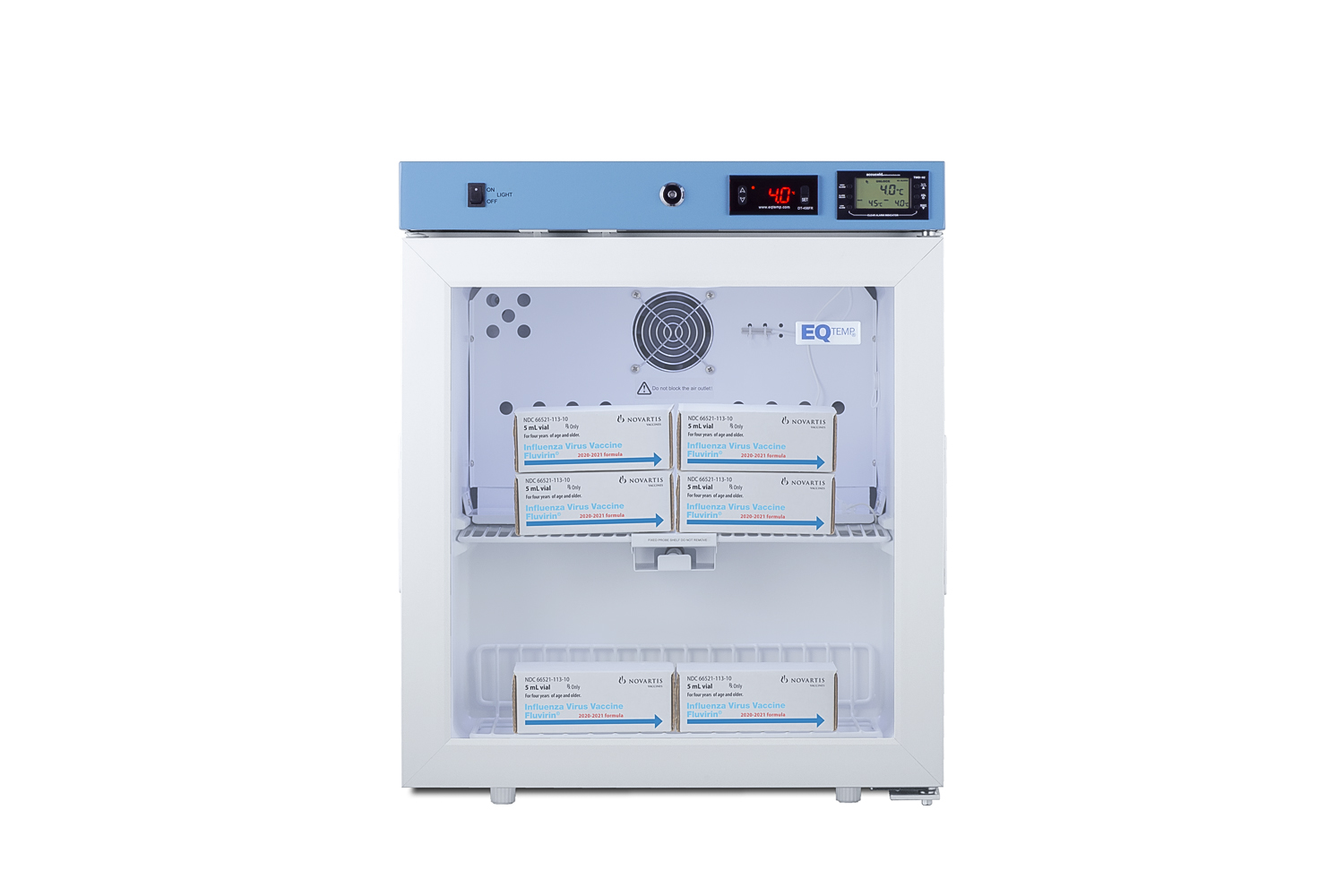 Compact healthcare all-refrigerator certified to NSF/ANSI 456 with self-closing glass door, front lock, digital controls, and NIST-calibrated temperature readout